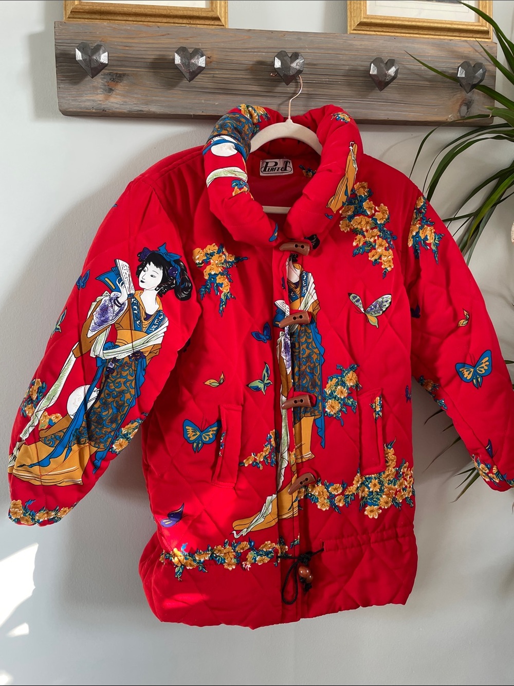 Red Floral & Geisha Print Puffer Jacket